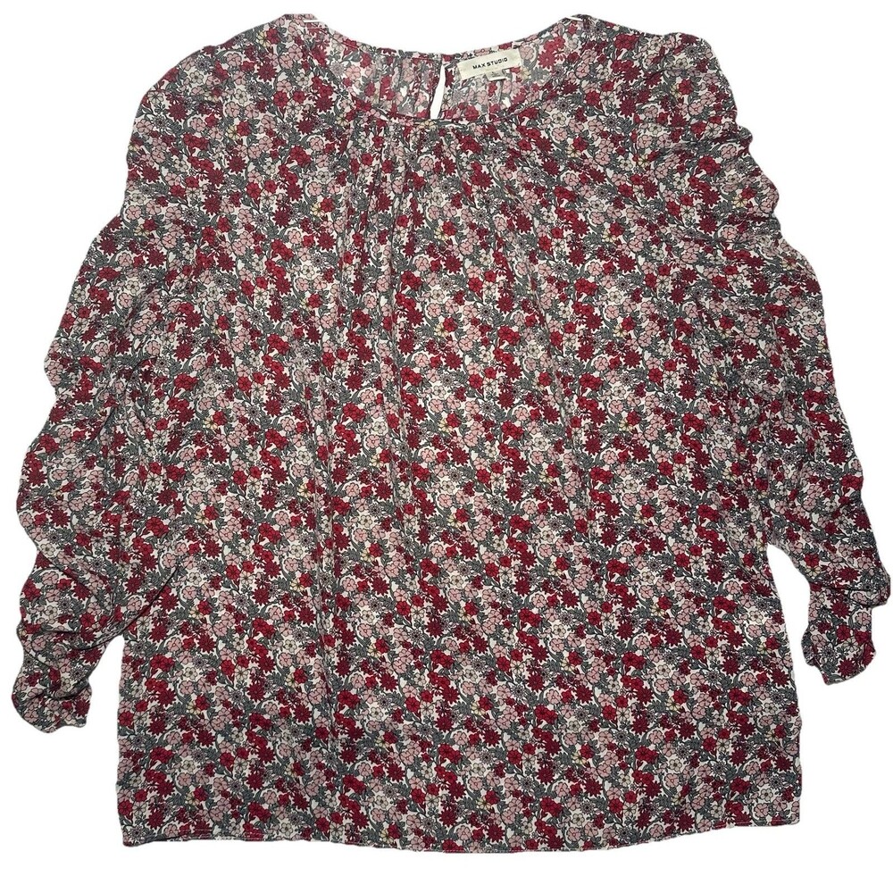 Max Studio Floral Peasant Blouse Size L Red Pink Boho 3/4 Sleeve Ditsy